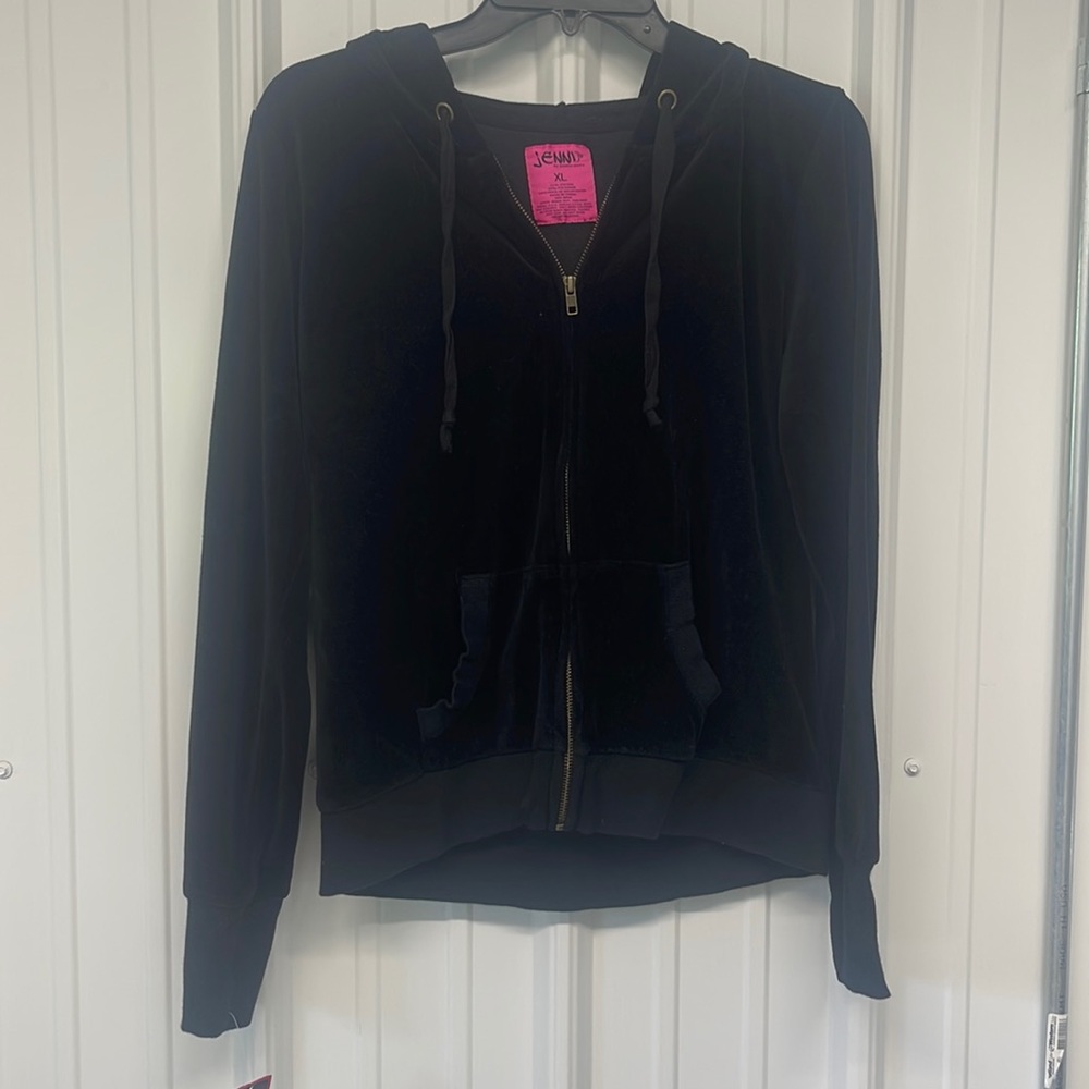 Jenni by Jennifer Moore Velour Hoodie black New $89 zip up sweater